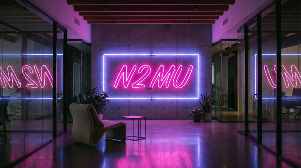 “N2MU creative studio interior with neon signage representing digital creativity strategy and AI enhanced design.”