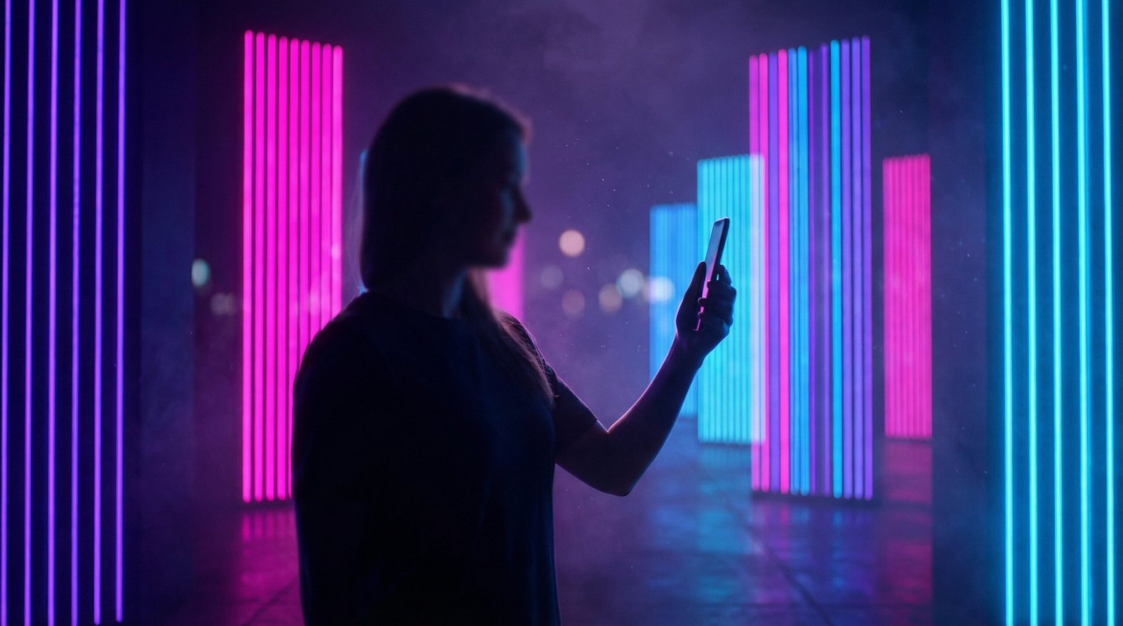Person walking through neon light pillars symbolizing creativity, strategy, data, and AI-powered automation in N2MU’s digital approach