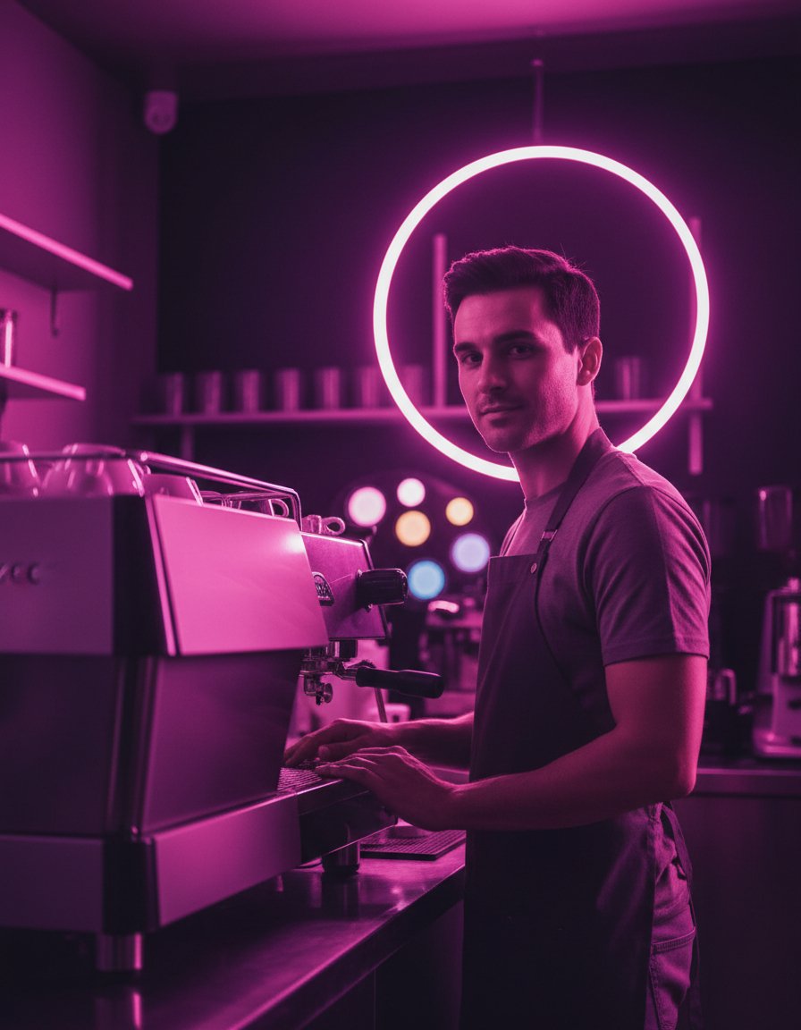 Neon-lit creative environment with a barista, symbolizing N2MU’s blend of creativity, AI, strategy, and digital innovation.